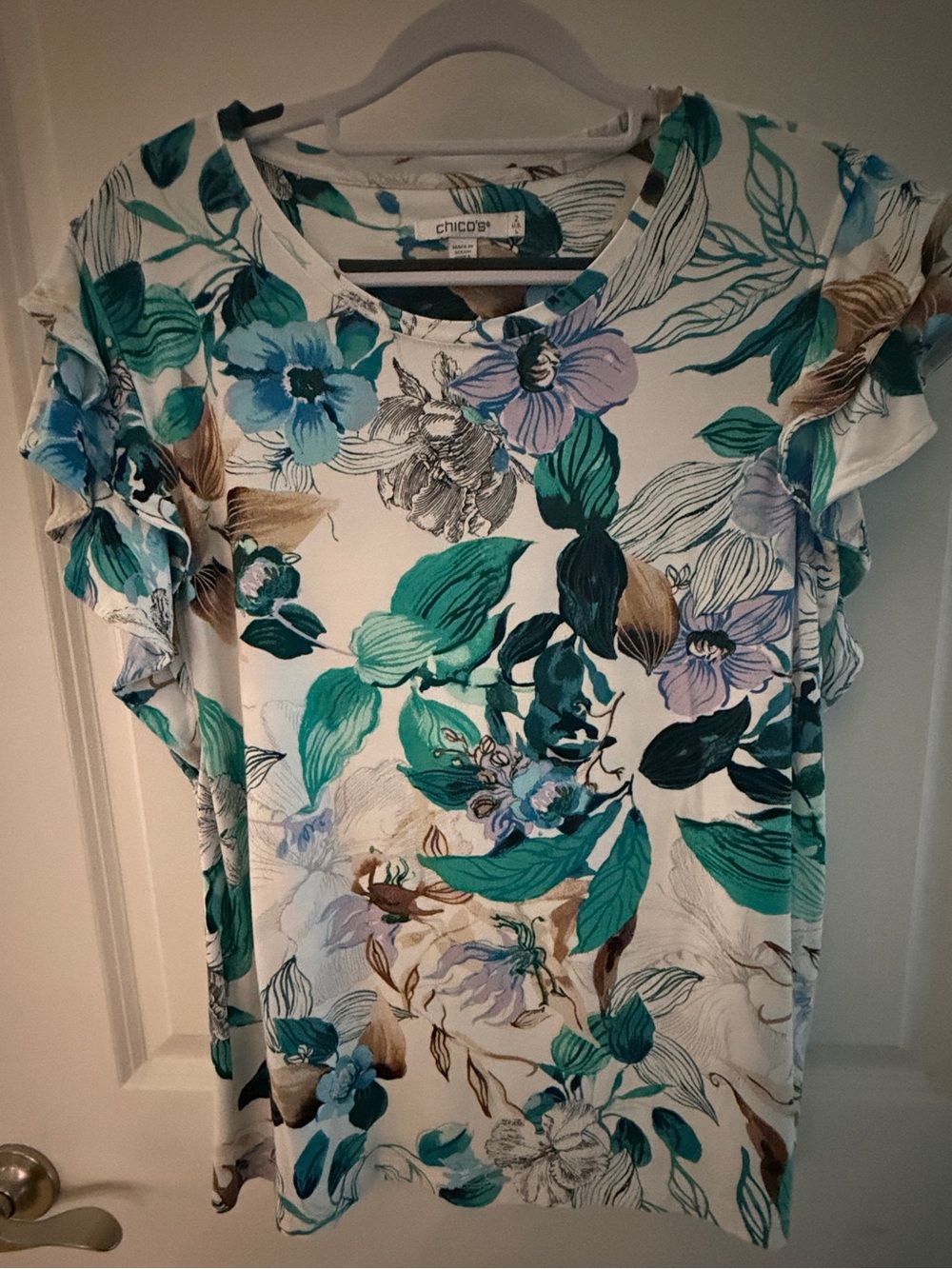 Chico's White Floral Tee with Teal, Aqua & Brown Accents (Size 2)
